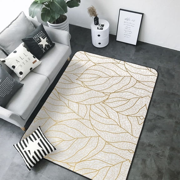 Area Rugs For Living Room Decor - Elegant Gold Leaf Pattern Soft Anti Slip Throw Washable Rugs 5x7 For Bedroom, Indoor Carpet For Bedroom Living Room 80x58In