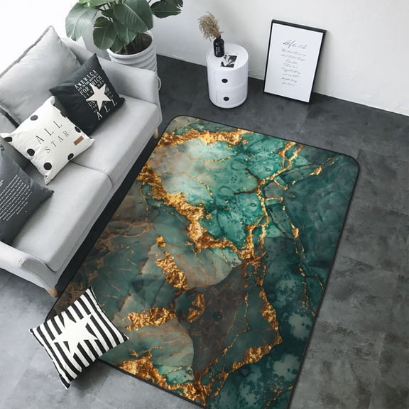 Area Rugs For Living Room Decor - Emerald Color Gold Marble Soft Anti Slip Throw Washable Rugs 5x7 For Bedroom, Indoor Carpet For Bedroom Living Room 80x58In