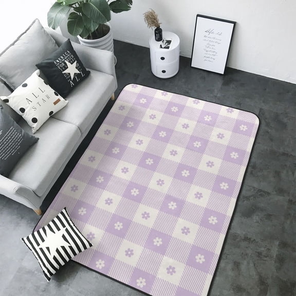 Area Rugs For Living Room Decor - Floral Purple Buffalo Plaid Soft Anti Slip Throw Washable Rugs 5x7 For Bedroom, Indoor Carpet For Bedroom Living Room 80x58In