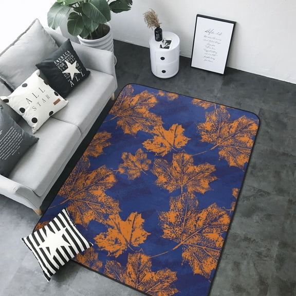 Area Rugs For Living Room Decor - Golden Maple on Navy Blue Soft Anti Slip Throw Washable Rugs 5x7 For Bedroom, Indoor Carpet For Bedroom Living Room 80x58In