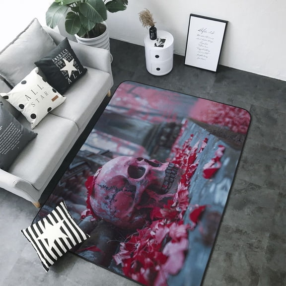 Area Rugs For Living Room Decor - Gothic Red Skull Cemetery Soft Anti Slip Throw Washable Rugs 5x7 For Bedroom, Indoor Carpet For Bedroom Living Room 80x58In