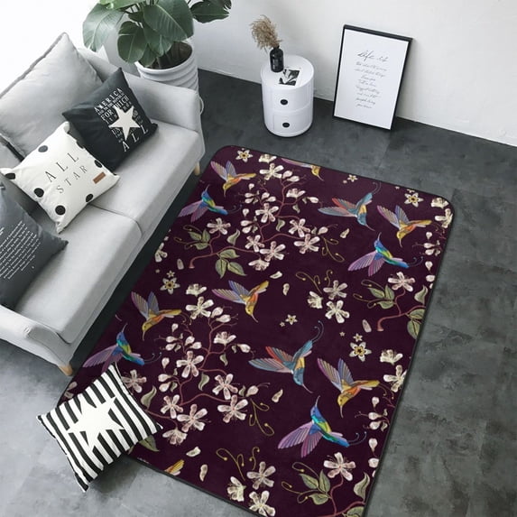 Area Rugs For Living Room Decor - Hummingbird Floral Print Black Soft Anti Slip Throw Washable Rugs 5x7 For Bedroom, Indoor Carpet For Bedroom Living Room 80x58In