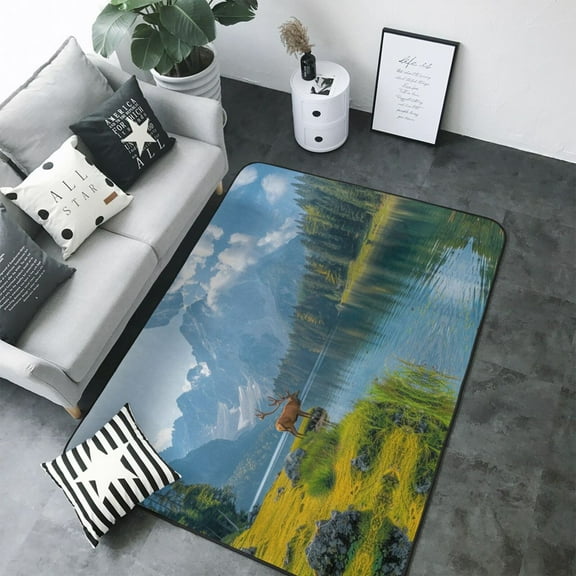 Area Rugs For Living Room Decor - Majestic Deer Mountain Lake Soft Anti Slip Throw Washable Rugs 5x7 For Bedroom, Indoor Carpet For Bedroom Living Room 80x58In