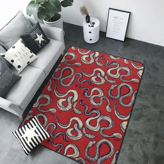 Area Rugs For Living Room Decor - Minimalist Sketch Funny Snake Red Soft Anti Slip Throw Washable Rugs 5x7 For Bedroom, Indoor Carpet For Bedroom Living Room 80x58In