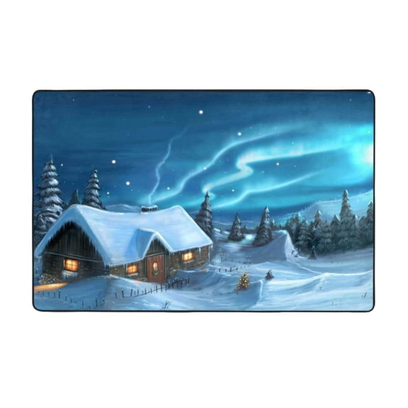Area Rugs For Living Room Decor - Mountain Cottage In Snow And Northern Lights Anti Slip Throw Washable Rugs 3x5 For Bedroom, Soft Indoor Carpet For Bedroom Living Room 60x39In