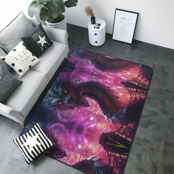 Area Rugs For Living Room Decor - Neon Futuristic Dragon Soft Anti Slip Throw Washable Rugs 5x7 For Bedroom, Indoor Carpet For Bedroom Living Room 80x58In