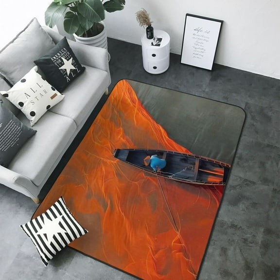 Area Rugs For Living Room Decor - Orange Net Fishing Boat Soft Anti Slip Throw Washable Rugs 5x7 For Bedroom, Indoor Carpet For Bedroom Living Room 80x58In