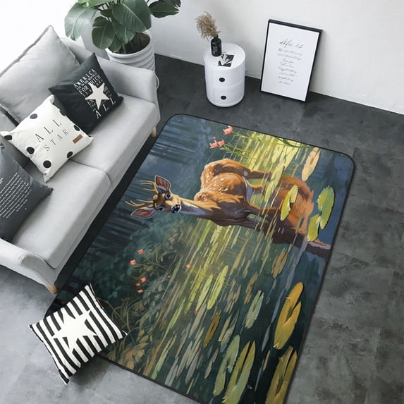 Area Rugs For Living Room Decor - Peaceful Deer Lily Pond Soft Anti Slip Throw Washable Rugs 5x7 For Bedroom, Indoor Carpet For Bedroom Living Room 80x58In