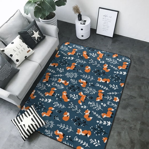Area Rugs For Living Room Decor - Playful Foxes Forest Blues Soft Anti Slip Throw Washable Rugs 5x7 For Bedroom, Indoor Carpet For Bedroom Living Room 80x58In