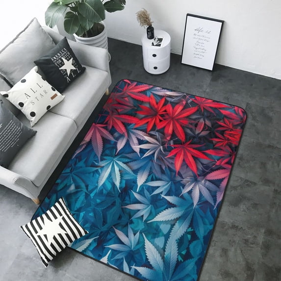 Area Rugs For Living Room Decor - Red And Blue Leaves Soft Anti Slip Throw Washable Rugs 5x7 For Bedroom, Indoor Carpet For Bedroom Living Room 80x58In