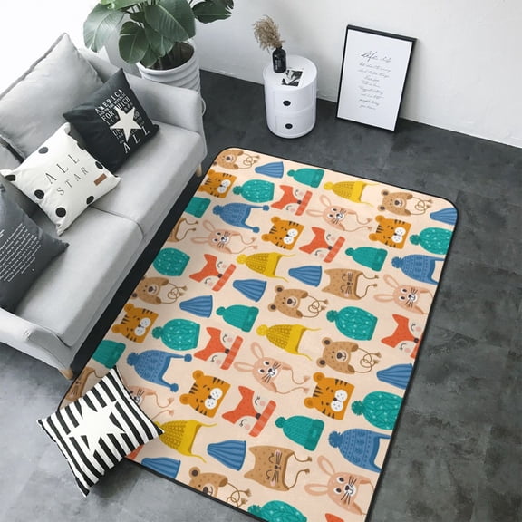Area Rugs For Living Room Decor - Small Animals with Knit Hat Pattern Soft Anti Slip Throw Washable Rugs 5x7 For Bedroom, Indoor Carpet For Bedroom Living Room 80x58In