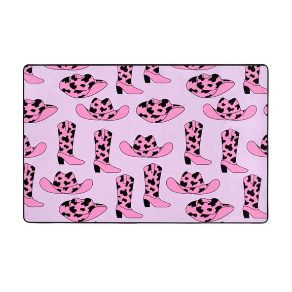 Area Rugs For Living Room Decor - Western Cow Pink Cowboy Boots Hat Anti Slip Throw Washable Rugs 3x5 For Bedroom, Soft Indoor Carpet For Bedroom Living Room 60x39In