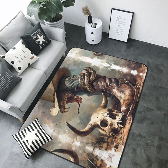 Area Rugs For Living Room Decor - Western Cowboy Snake Ram Skull Soft Anti Slip Throw Washable Rugs 5x7 For Bedroom, Indoor Carpet For Bedroom Living Room 80x58In