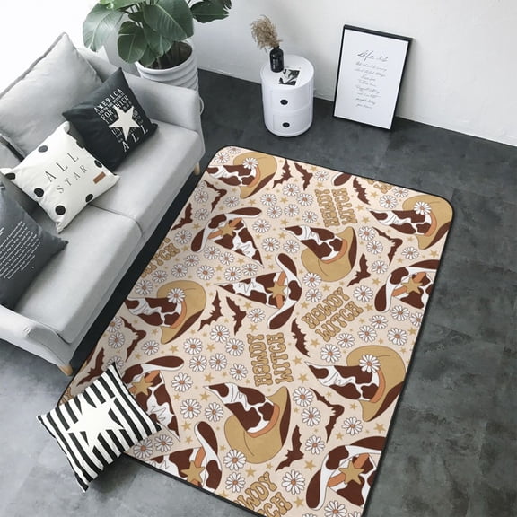 Area Rugs For Living Room Decor - Western cow spots hat retro Soft Anti Slip Throw Washable Rugs 5x7 For Bedroom, Indoor Carpet For Bedroom Living Room 80x58In
