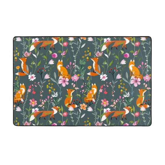 Area Rugs For Living Room Decor - Wolf Fox In Flower Forest Anti Slip Throw Washable Rugs 3x5 For Bedroom, Soft Indoor Carpet For Bedroom Living Room 60x39In