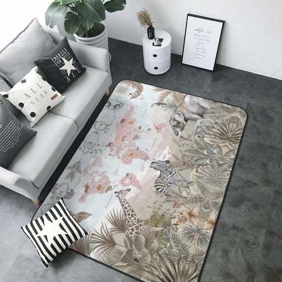 Area Rugs For Living Room Decor - World Map With Safari Animals Soft Anti Slip Throw Washable Rugs 5x7 For Bedroom, Indoor Carpet For Bedroom Living Room 80x58In