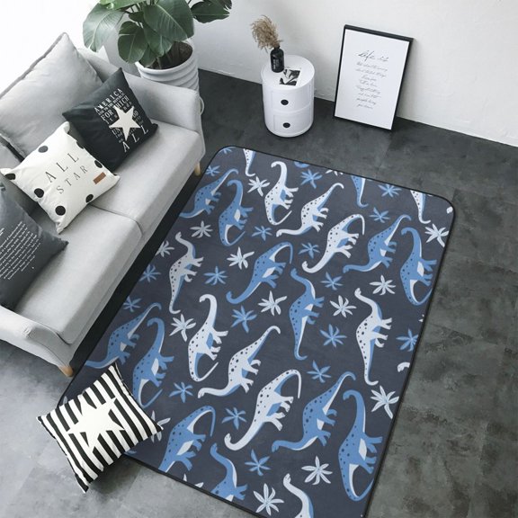 Area Rugs For Living Room Decor - blue Dinosaur leaves Soft Anti Slip Throw Washable Rugs 5x7 For Bedroom, Indoor Carpet For Bedroom Living Room 80x58In