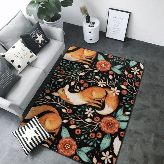 Area Rugs For Living Room Decor - fox fall forest flower Soft Anti Slip Throw Washable Rugs 5x7 For Bedroom, Indoor Carpet For Bedroom Living Room 80x58In
