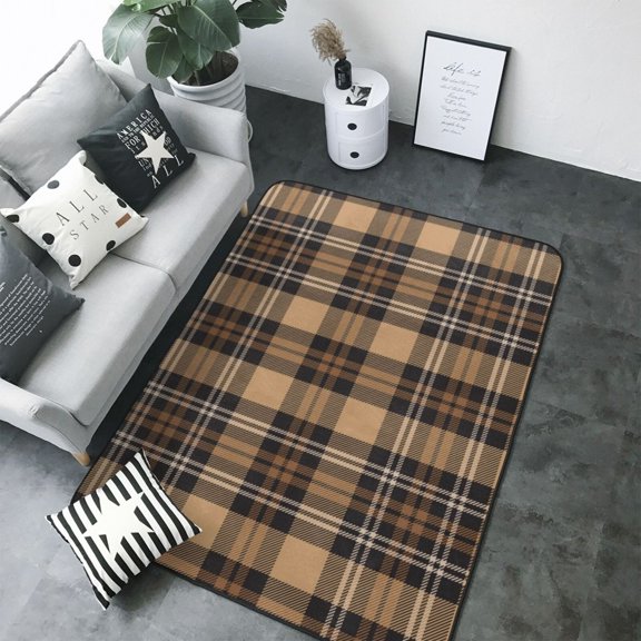 Area Rugs For Living Room Decor - khaki coffee plaid Soft Anti Slip Throw Washable Rugs 5x7 For Bedroom, Indoor Carpet For Bedroom Living Room 80x58In