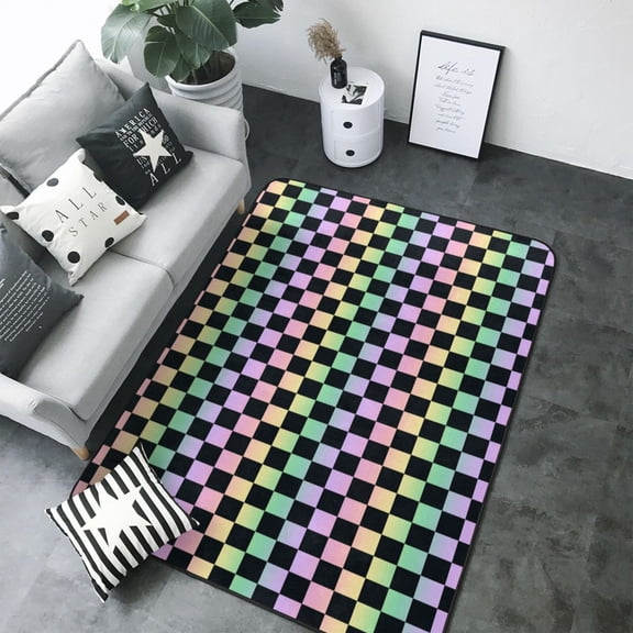 Area Rugs For Living Room Decor - rainbow gradient colorful checkered Soft Anti Slip Throw Washable Rugs 5x7 For Bedroom, Indoor Carpet For Bedroom Living Room 80x58In