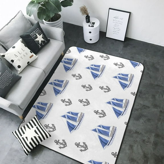 Area Rugs For Living Room Decor - ship blue sails anchors white Soft Anti Slip Throw Washable Rugs 5x7 For Bedroom, Indoor Carpet For Bedroom Living Room 80x58In