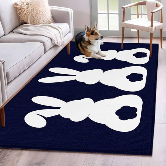 Area Rugs for Living Room, Easter Black Rabbits Silhouette Blue Non-Slip Rectangular Carpet 4'' x 6'' Washable Entryway Indoor Floor Runner Rugs for Bedroom Dining Room Office Home Decor