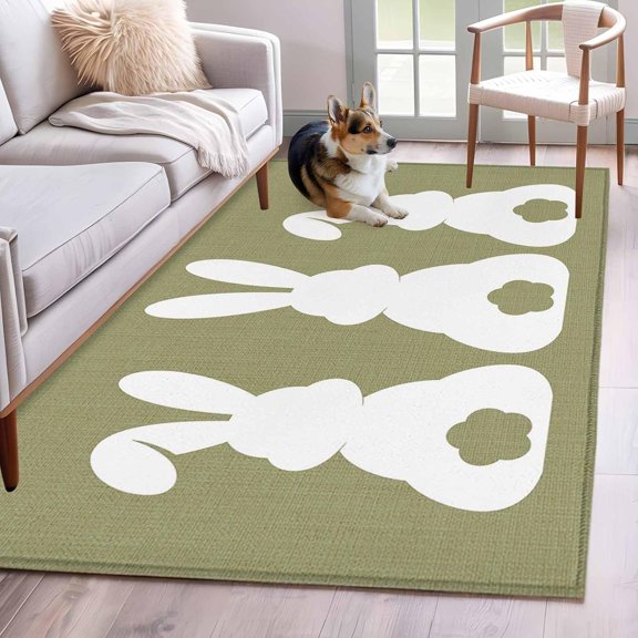 Area Rugs for Living Room, Easter Black Rabbits Silhouette Green Non-Slip Rectangular Carpet 4'' x 6'' Washable Entryway Indoor Floor Runner Rugs for Bedroom Dining Room Office Home Decor