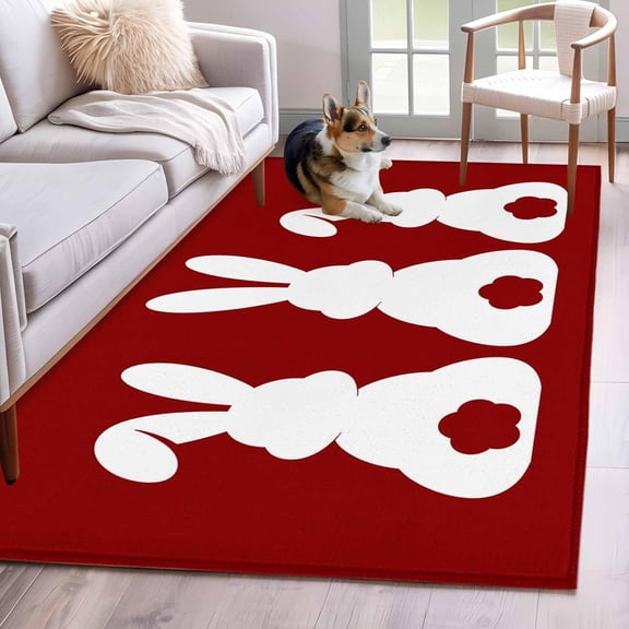 Area Rugs for Living Room, Easter Black Rabbits Silhouette Red Non-Slip Rectangular Carpet 4'' x 6'' Washable Entryway Indoor Floor Runner Rugs for Bedroom Dining Room Office Home Decor