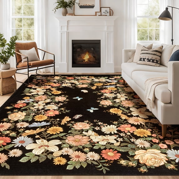 Area Rugs for Living Room, Floral Washable Rug Vintage Large Soft Boho Non-Slip Carpet Indoor Floor Stain Resistant Carpets for Bedroom Dining Room Farmhouse Nursery Home Office