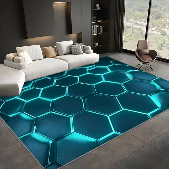 Area Rugs For Living Room Rectangular Rug, Geometric Honeycomb Hexagon Print Stain Resistant Washable Rug, Non-Slip Backing Rugs For Bedroom, Kitchen, Geometric Neon Home Decor Rug 1x2ft