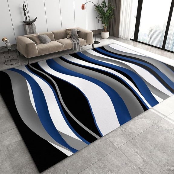 Area Rugs Living Room Rug, Creative Blue Black White Wavy Pattern Dynamic Streamline Lines Decor Carpet, Soft Non Skid Low Pile Carpet for Bedroom Floor Shed Resistant Entryway 2x3ft