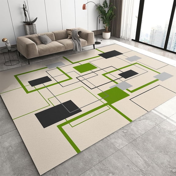 Area Rugs Living Room Rug, Green Grid Geometric Creative Stitching Washable Rug, Nordic Modern Simple Anti-Slip Rug Easy Clean Low Pile Carpet for Bedroom Entryway Study Room Lounge 3x4ft