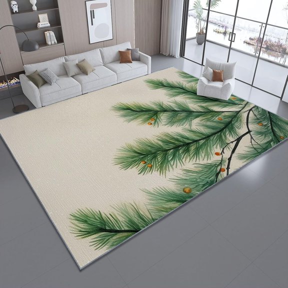 Area Rugs for Living Room, Washable Rug, Ink Painting Evergreen Branches Pine Needles Soft Non Slip Carpet, Indoor Floor Stain Resistant Carpets for Bedroom Dining Room-5' x 8'