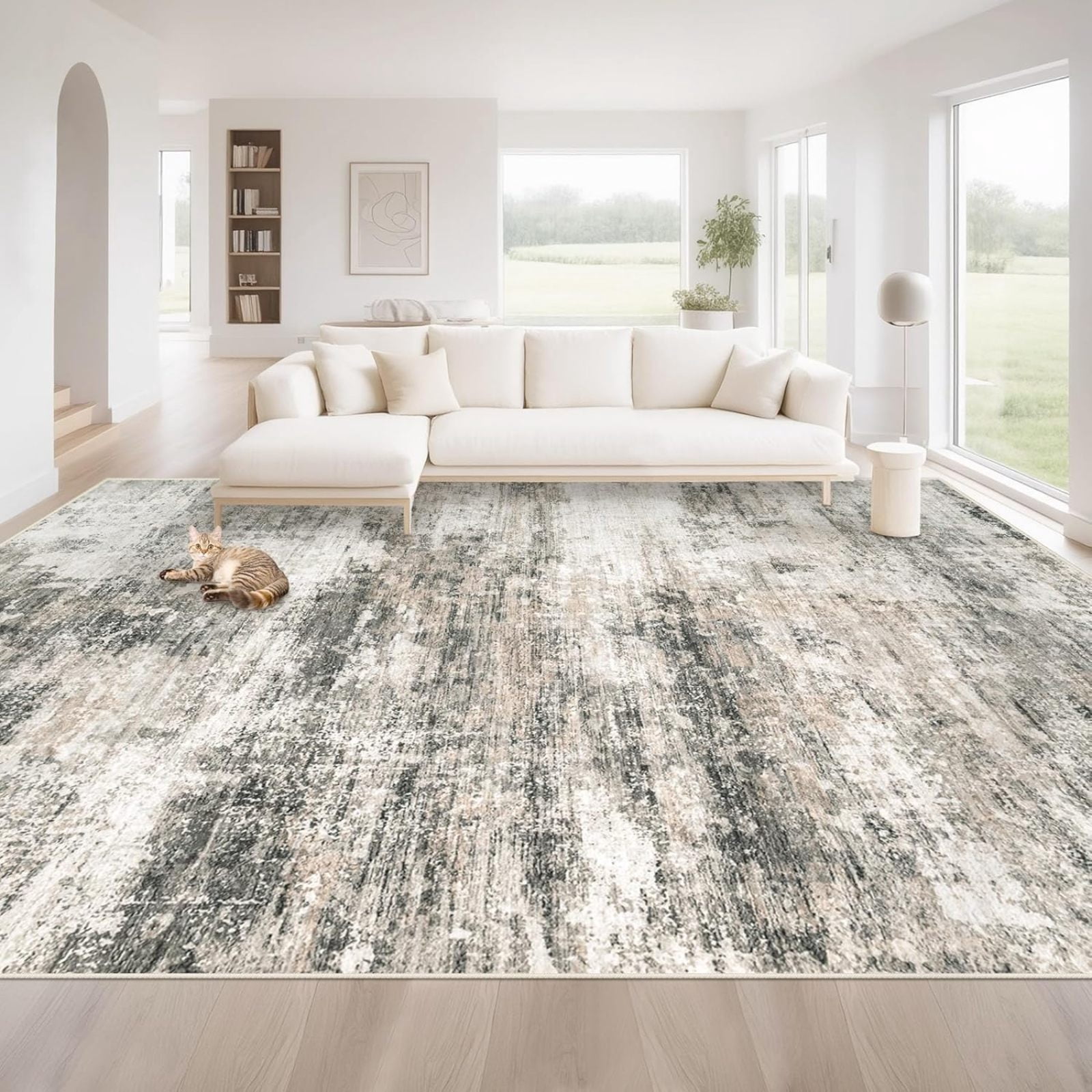 Area Rugs For Living Room:Washable Rug Modern Abstract Neutral Soft Rug ...