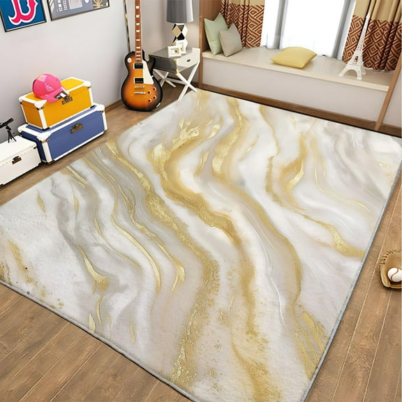 Area Rugs, Marble Elegant Gold Texture Rug Home Modern Carpet, Gold Swirl Carpet Non-Slip Carpets Rectangle Rug For Living Room, Bedroom, Office And Indoor Decoration
