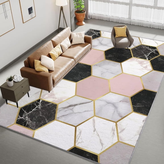 Area Rugs, Marble Geometric Hexagons Rug Home Modern Carpet, Tile Geometry Carpet Non-Slip Carpets Rectangle Rug For Living Room, Bedroom, Office And Indoor Decoration