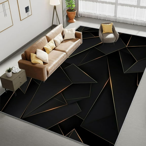 Area Rugs, Marble Geometric Triangles Rug Home Modern Carpet, Gold Stripes Carpet Non-Slip Carpets Rectangle Rug For Living Room, Bedroom, Office And Indoor Decoration