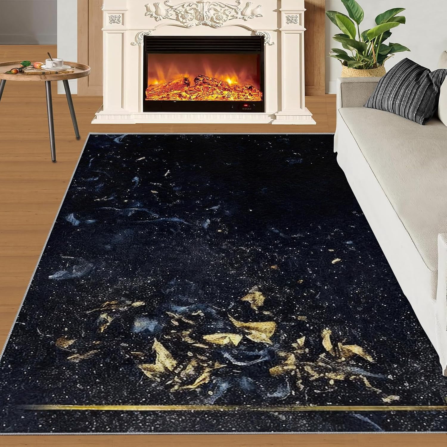 Area Rugs Modern Abstract Blue Black Texture Rug，Light Luxury Black Gold Bathroom Rugs Washable ...