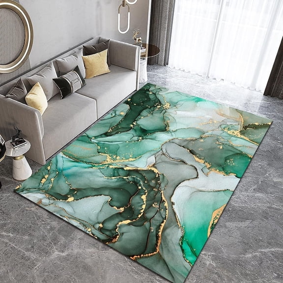 Area Rugs Modern Abstract Emerald Green Marble Golden Line Art Rug Washable Carpet Suitable tv Background Wall in Room Bedroom 3x4 Non-slip Soft Living Room Home Decor Durable