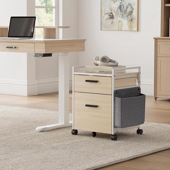 Mobile File Cabinet with Wheels, Solid Wood Rolling Storage Cabinet for Home Office, Space-Saving Under Desk Organization with Printer Stand,