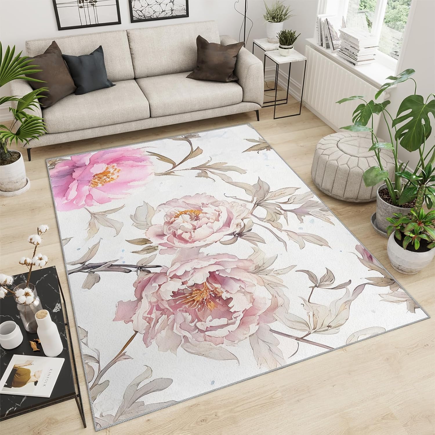 Area Rugs Pink White Rose Peony Flowers, Vintage Watercolor Flowers And ...
