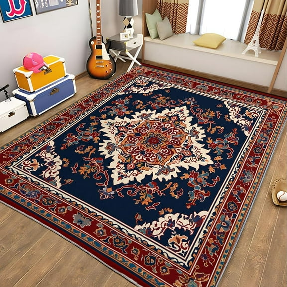 Area Rugs Red And Blue Rectangle Carpet, Traditional Folk Art Pattern Design Non Slip Rug, For Dining Room Backyard Decor Rug Carpet, For Kids Teen Boys Women Men Flannel Rug
