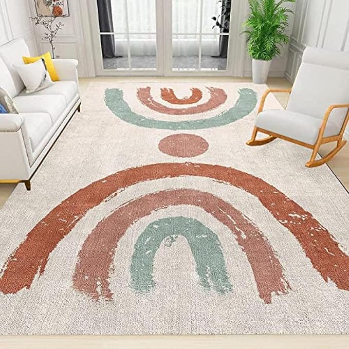Area Rugs Red Cyan Rainbow Lines Nursery Rug, Boho Retro European Style ...