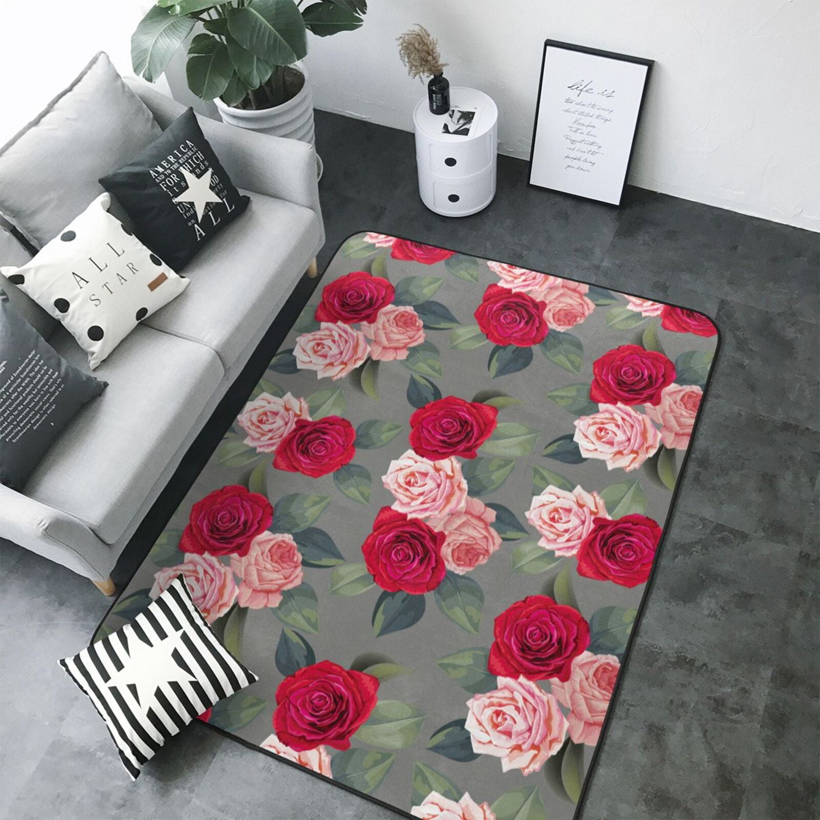 Area Rugs, Red Pink Rose Flowers Washable Large Rugs for Living Room