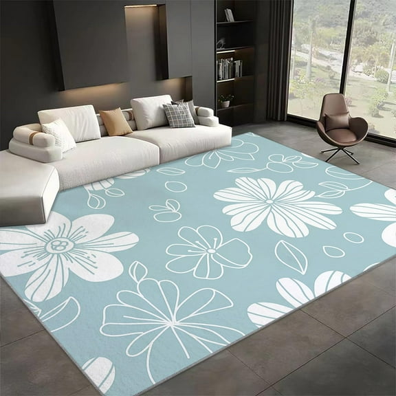 Area Rugs, Simple Hand-Drawn Plant Flowers Rug Home Modern Carpet, Light Blue Carpet Non-Slip Carpets Rectangle Rug For Living Room, Bedroom, Office And Indoor Decoration