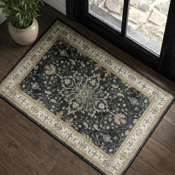 Area Rugs Small 2'x3' Washable Non-slip Flvintdimedallion Carpet For Kitchen Entryway Bathroom Black Brown Neutral