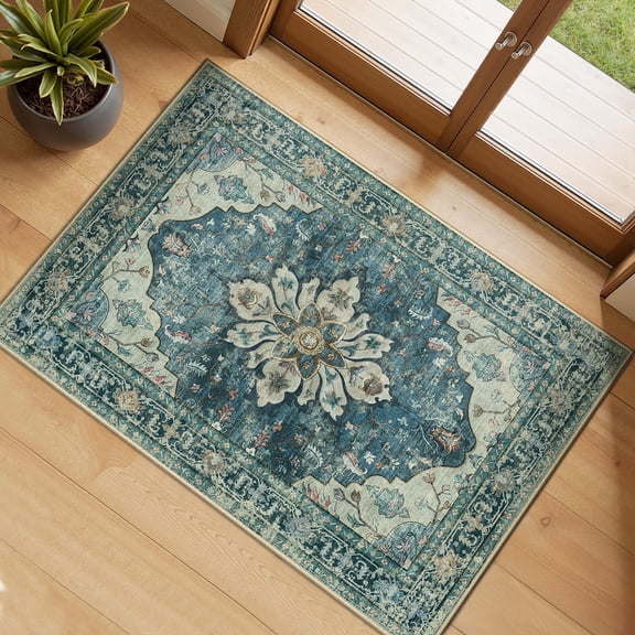 Area Rugs Small 2'x3' Washable Non-slip Flvintdimedallion Carpet For Kitchen Entryway Bathroom Dark Blue