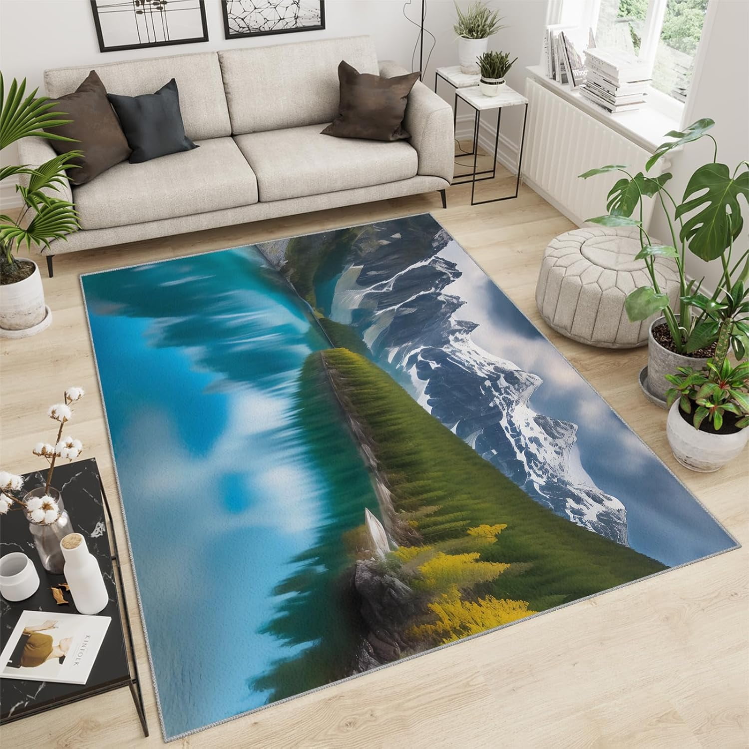 Area Rugs Snow Mountain Forest Lake Reflection, Modern Natural ...