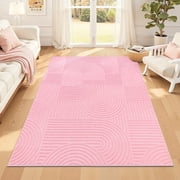 5 x 7 Geometric Pink Area Rug Washable, Durable Non-Slip Indoor Carpet with Soft High-Low Pile, Fluffy Floor Rugs for Living Room, Bedroom, Home Office D cor
