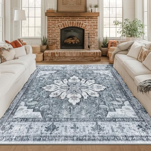 Area Rugs Square 8ft Washable Non-Slip, Floral Vintage Distress Print ...